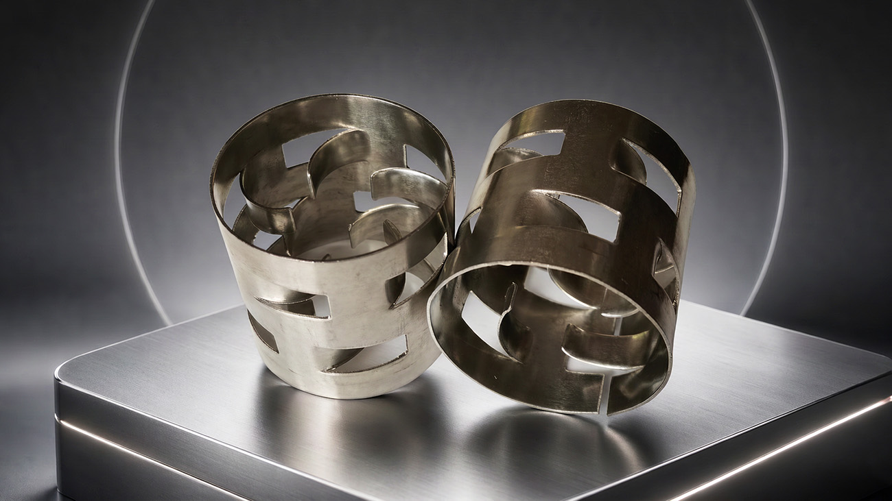 Close-up of 316L stainless steel Pall ring showing punched windows and inward-bent fingers that create internal wetting surfaces